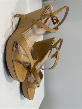 Prada Patent Leather Platform Sandals in Tan